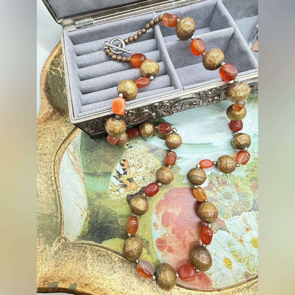Vintage Brass Carnelian Bead Necklace